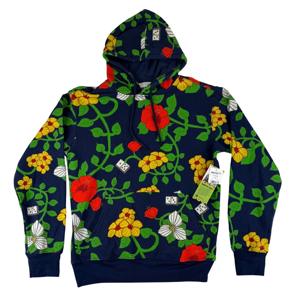 Roberto Lugo Hoodie Mens Small Navy Blue Floral Domino Print Pullover Sweatshirt